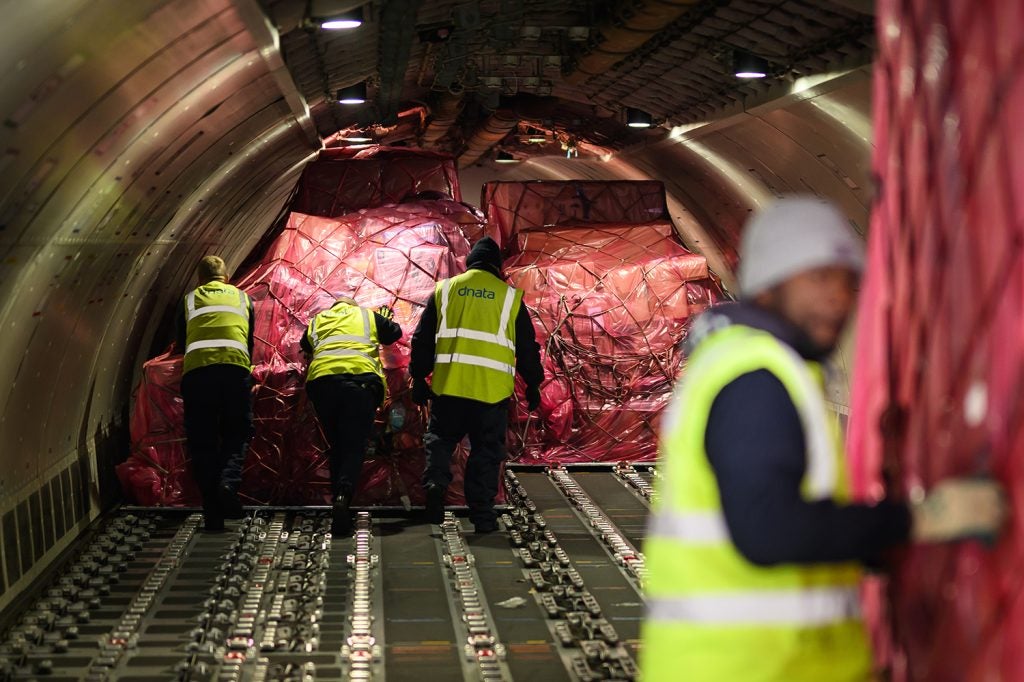 workers loading supplies for victims of the Turkey Syria earthquke onto a plane at london heathrow airport