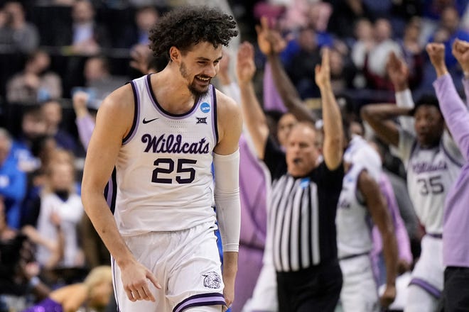 Kansas State forward Ismael Massoud celebrates after knocking down a late 3-pointer to give the Wildcats the lead for good heir 75-69 NCAA Tournament victory over Kentucky on Sunday at Greensboro Coliseum.