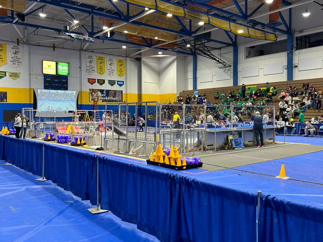 The completion stage that students will use to show off their hard work in programing and engineering is shown during the regional FIRST competition at LSSU on March 24.
