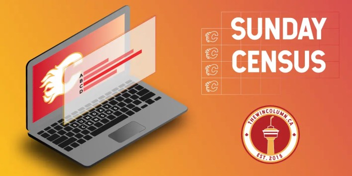 The Win Column - Sunday Census Featured Image - Graphical design showing a Calgary Flames branded laptop with poll results.