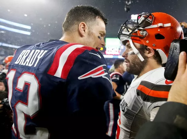 Baker Mayfield (right) has been brought in by the Buccaneers to replace newly-retired Tom Brady (left)