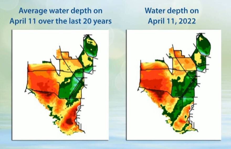  This graphic showing average water depth during the dry season in the southern Everglades shows a recent change