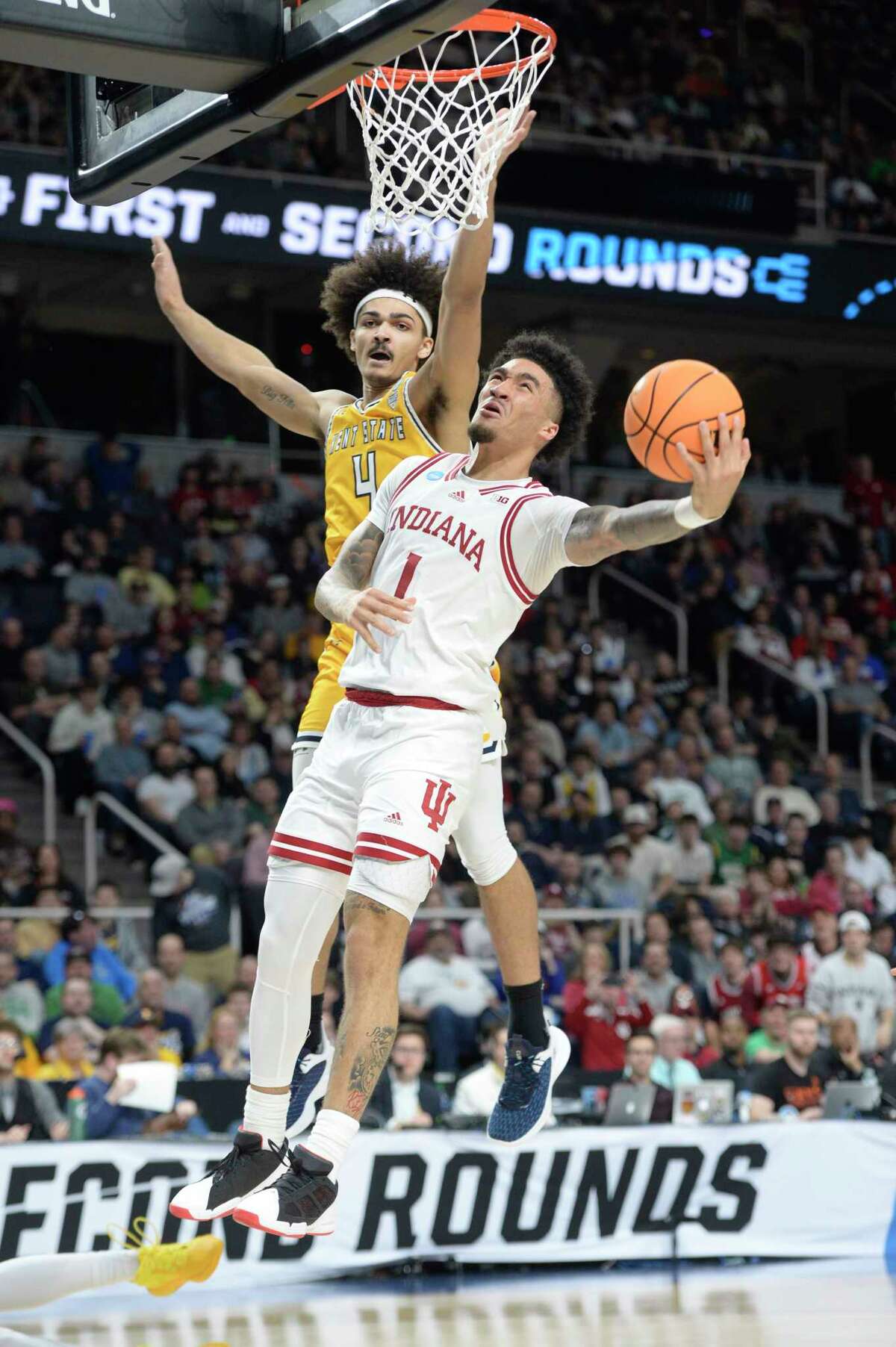 Kent State’s Chris Payton defends a shot from Indiana’s Jalen Hood-Schifino during their game in the first round of the NCAA Men’s Basketball tournament at MVP Arena in Albany, N.Y., on Friday, Mar. 17, 2023. (Jenn March, Special to the Times Union)