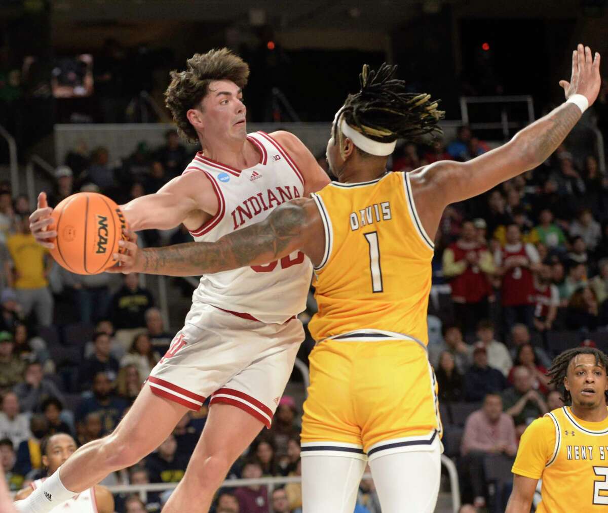 Kent State’s VonCameron Davis blocks a pass by Indiana’s Trey Galloway during their game in the first round of the NCAA Men’s Basketball tournament at MVP Arena in Albany, N.Y., on Friday, Mar. 17, 2023. (Jenn March, Special to the Times Union)