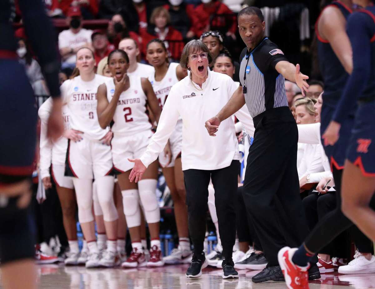 Stanford head coach Tara VanDerveer reacts to an official’s call in 2nd quarter while Cardinal play Mississippi during NCAA Division I Women's Basketball Tournament at Maples Pavilion in Stanford, Calif., on Sunday, March 19, 2023.