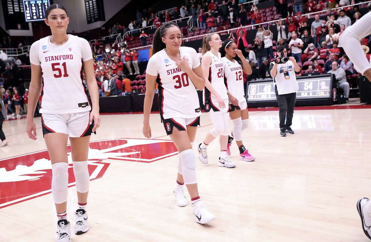 Stanford’s Lauren Betts, Haley Jones, Elena Bosgana and India Nivar walk off the court after Ole Miss’ 54-49 win in NCAA Division I Women's Basketball Tournament at Maples Pavilion in Stanford, Calif., on Sunday, March 19, 2023.