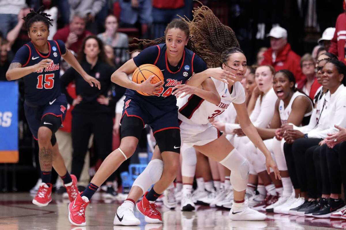 Mississippi’s Madison Scott steals the ball from Stanford’s Haley Jones in 4th quarter during Ole Miss’ 54-49 win in NCAA Division I Women's Basketball Tournament at Maples Pavilion in Stanford, Calif., on Sunday, March 19, 2023.