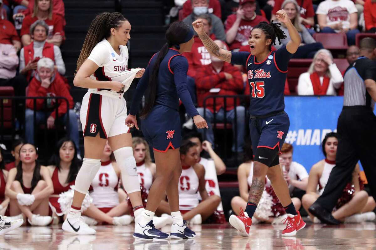 Stanford’s Haley Jones (left) and Mississippi’s Angel Baker (15) react at the end of Ole Miss’ 54-49 win in NCAA Division I Women's Basketball Tournament at Maples Pavilion in Stanford, Calif., on Sunday, March 19, 2023.