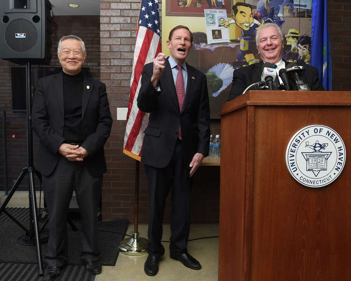 From left, Henry C. Lee, founder of the Henry C. Lee Institute of Forensic Science, U.S. Sen. Richard Blumenthal, D-Conn., and Mario Gaboury, dean of the Henry C. Lee College of Criminal Justice and Forensic Sciences, attend a news conference announcing a $1 million federal grant for the University of New Haven's Henry C. Lee College of Criminal Justice and Forensic Sciences in West Haven for gun violence date analytics.