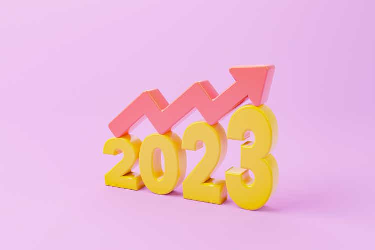 Arrow sign growth moving up and 2023 year calendar date on light blue background. Business development to success and growing annual revenue growth concept. 3d illustration