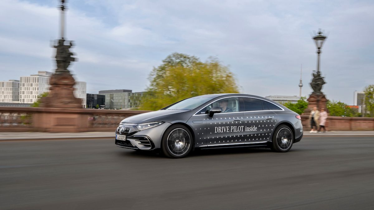 Matte gray Mercedes using Drive Pilot technology on road
