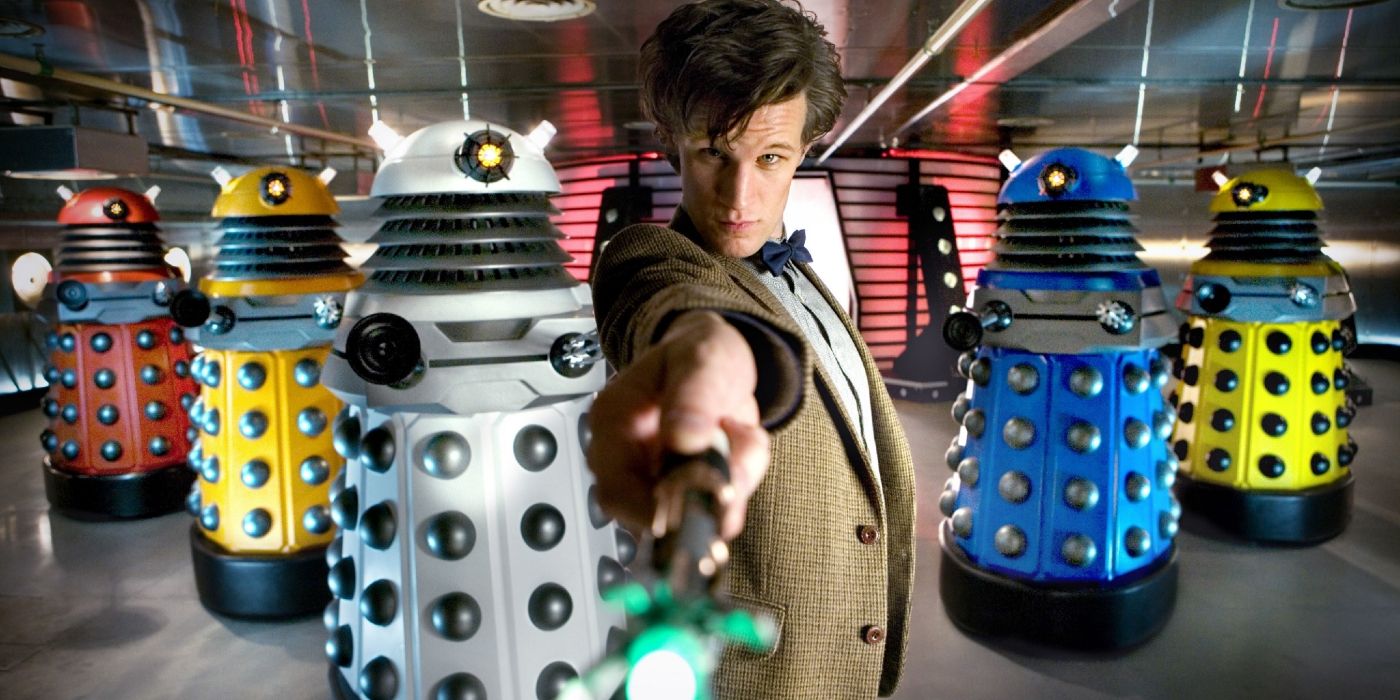 The Eleventh Doctor stands in front of the New Dalek Paradigm in Doctor Who.